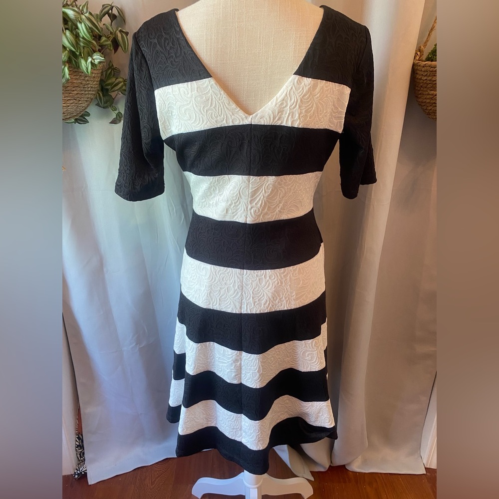 ❌SOLD❌ROBBIE BEE BLACK AND WHITE STRIPED FIT AND FLARE DRESS PL LARGE - Picture 4 of 5